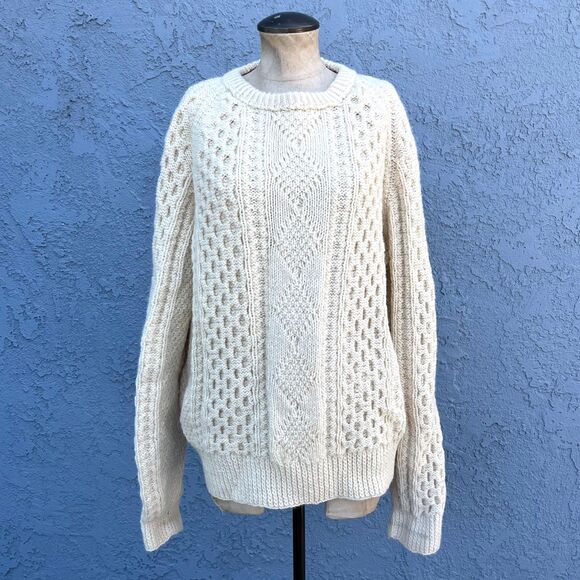 Vintage Fishermans Sweater In Mens Large Unisex Cable Knit Wool Jumper Crea, - Picture 1 of 7